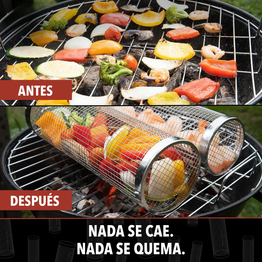Antes y después: verduras sueltas sobre la parrilla y verduras dentro de la canasta, sin que nada se caiga