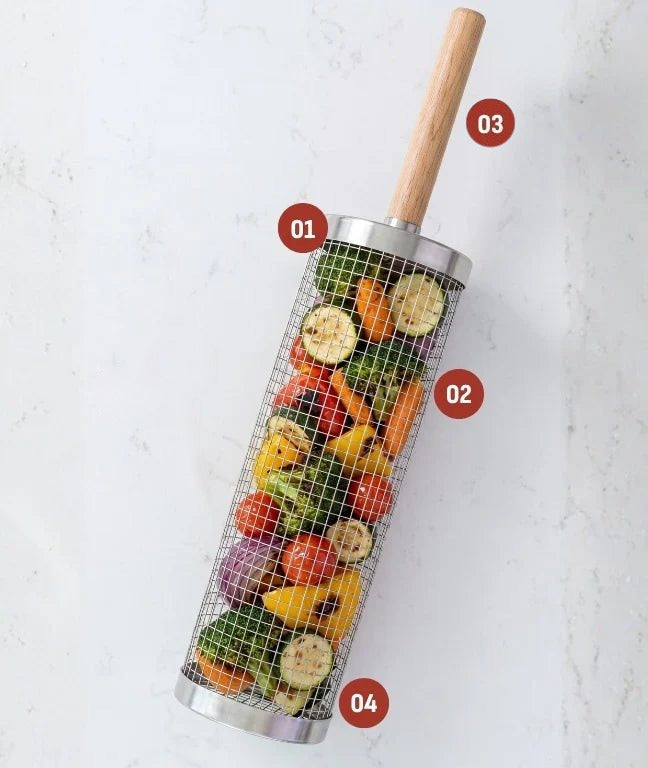 Partes de la canasta giratoria: tapa, malla, mango de madera y acero inoxidable